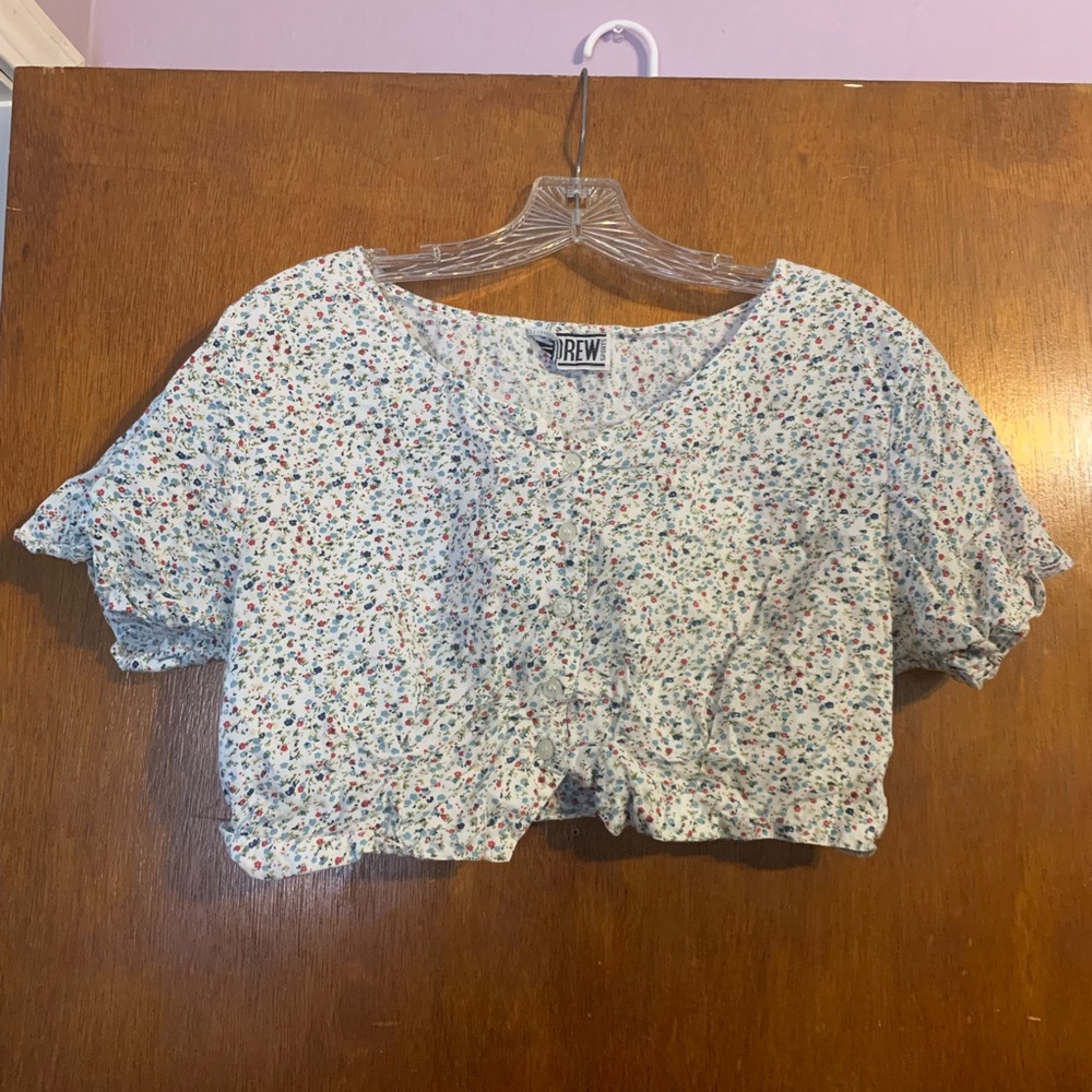 DREW Cream Cropped Button-Front Top with Tiny Red, Blue & Green Floral Print
